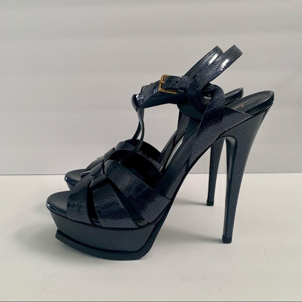 YSL Yves Saint Laurent Tribute Sandal Paille Patent Leather Pacific Blue 39.5